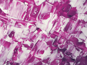 Dynamic abstract artwork in pink and white acrylic with bold textures.