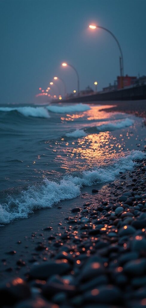 ai generated, sea, wave, blue, light, glowing, nature, night, night lights, stones, beach side