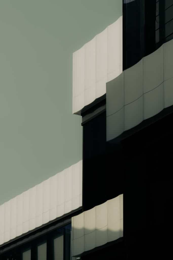 A modern building with geometric architecture.