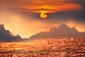 mountains, clouds, fog, sun, sand, fantasy, sunset, nature, weather, landscape