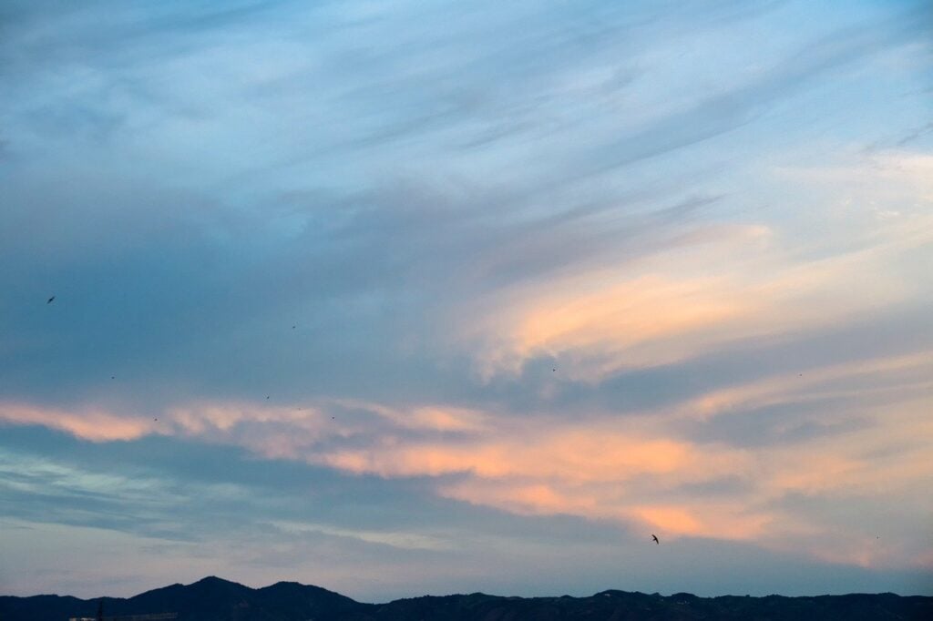 moutains, sunset, clouds, birds, nature, weather, shapes, wind, sun, landscape
