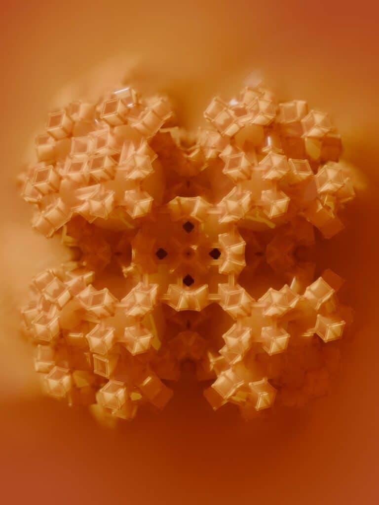 An abstract, symmetrical shape with geometric patterns.