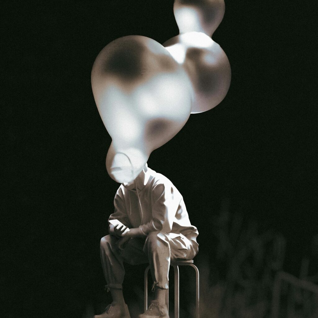 A man with a head of bubbles.