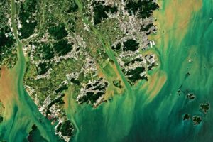 aerial photography of green field surrounded with body of water