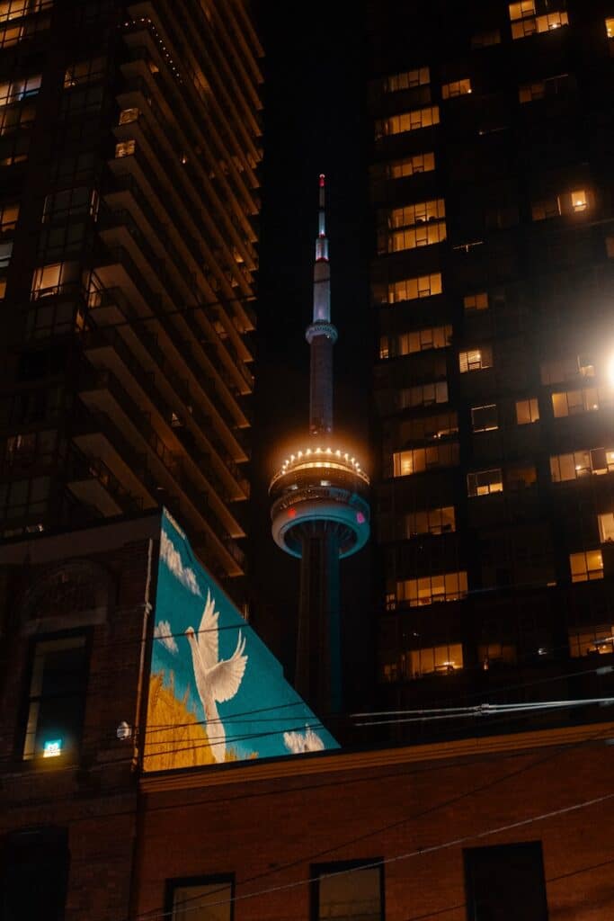 The cn tower at night shines brightly between buildings.