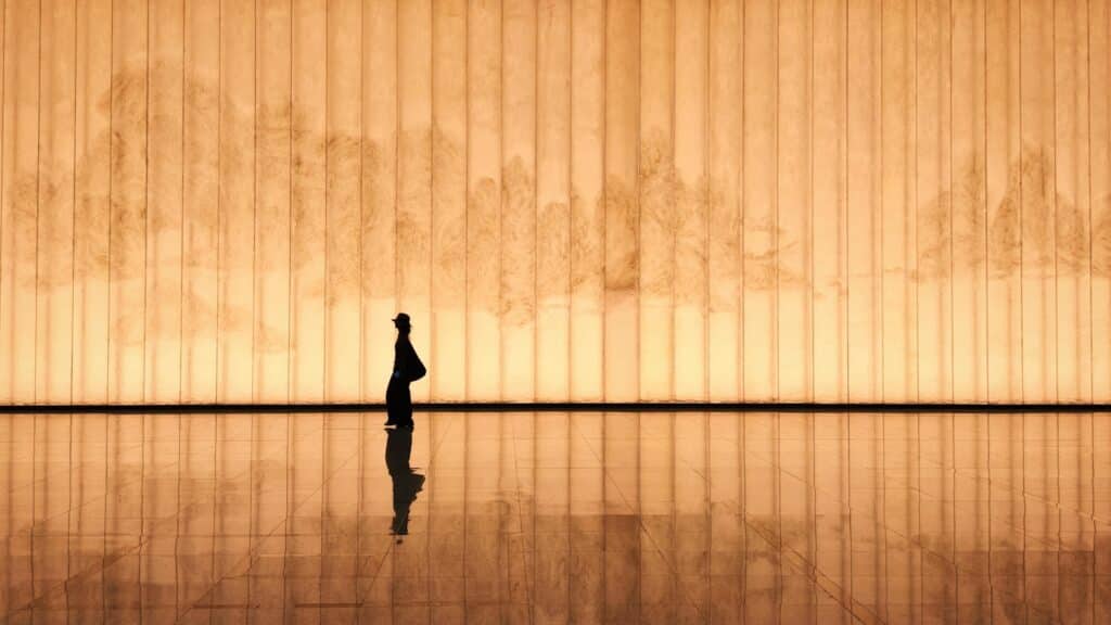A silhouette dances gracefully on a reflective floor.