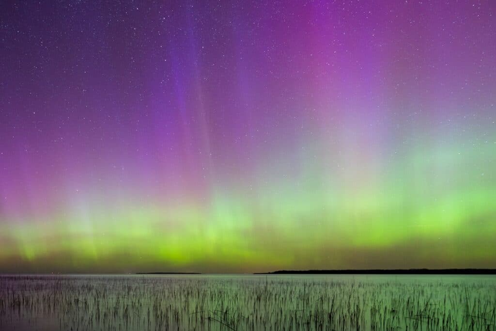 The northern lights dance across the night sky.
