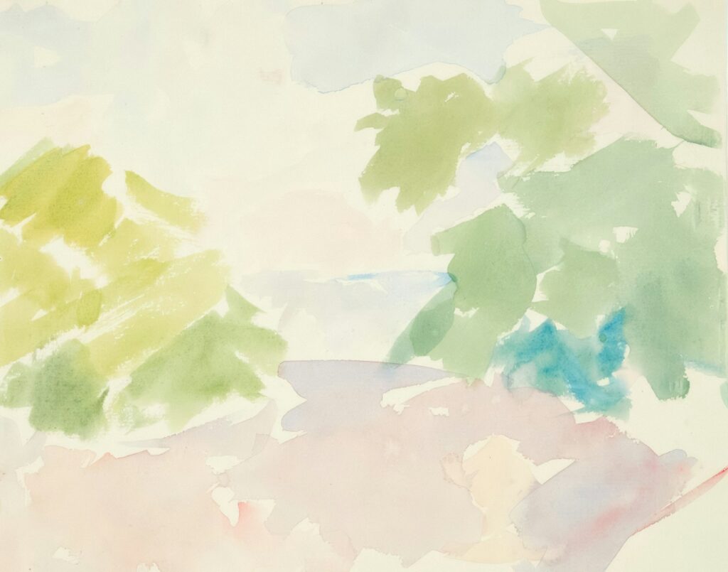 Watercolor painting depicting a landscape.