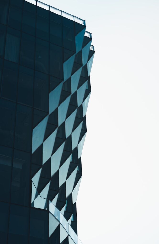 Modern building facade with geometric design.