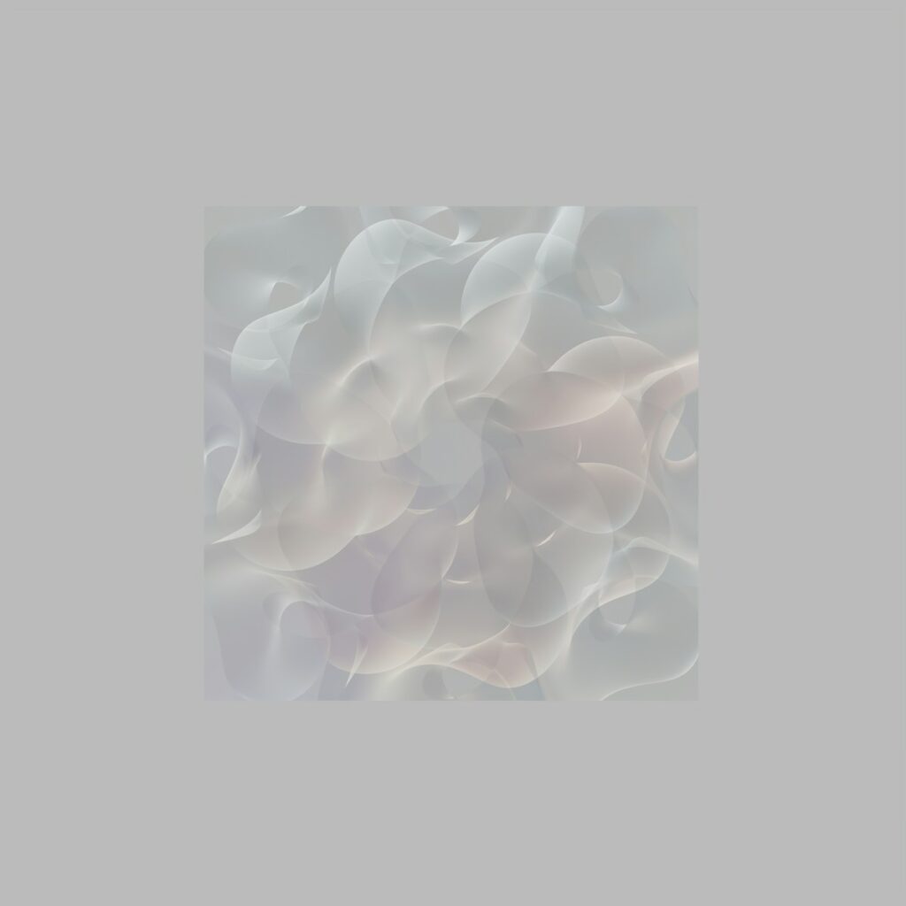 Abstract cloud-like shapes float against a grey background.