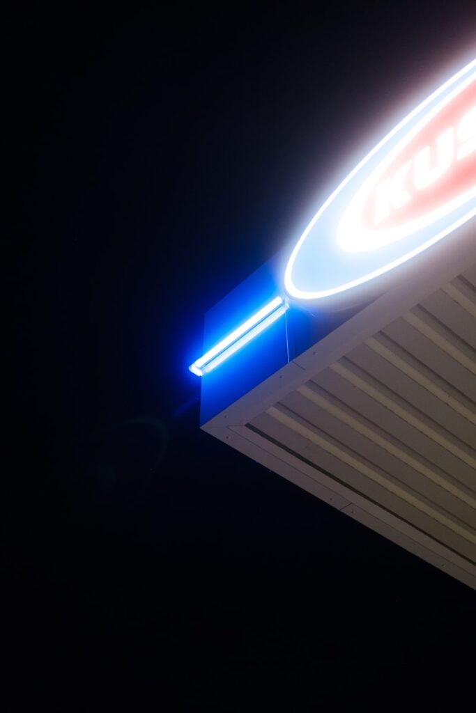 Neon sign illuminates the dark night sky.