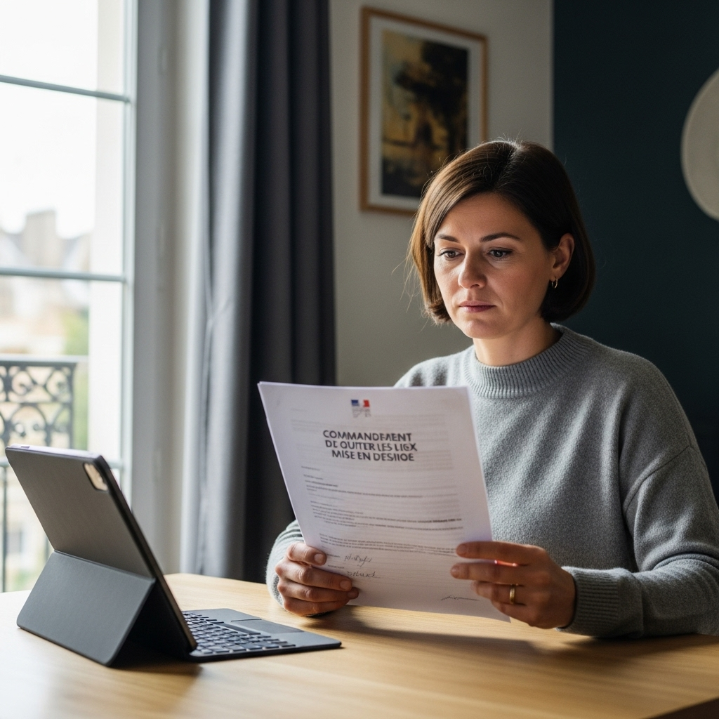 Locataire français.e examine un document légal d'expulsion à domicile. Comprendre ses droits face à l'expulsion locative et au surendettement.