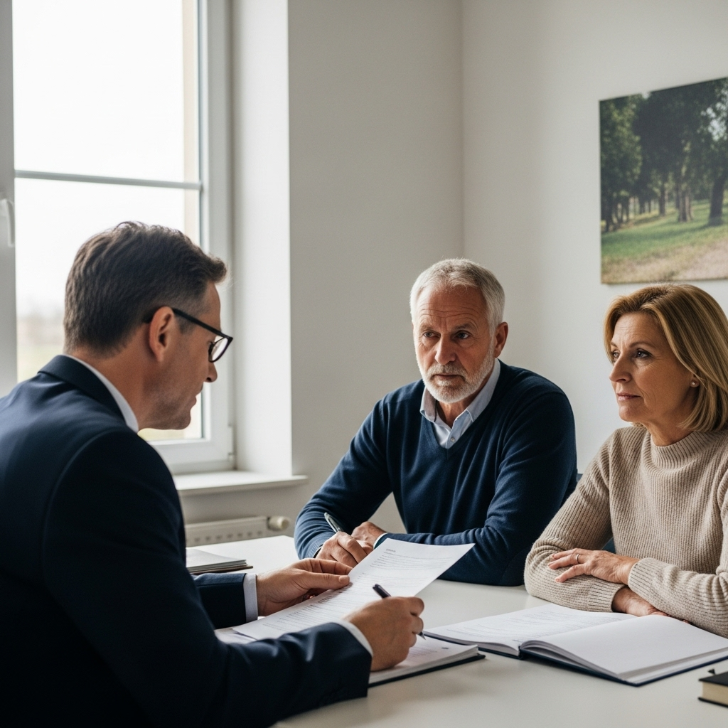 Agriculteurs français discutant leurs difficultés financières avec un avocat pour un règlement amiable agricole. Scène de conseil.