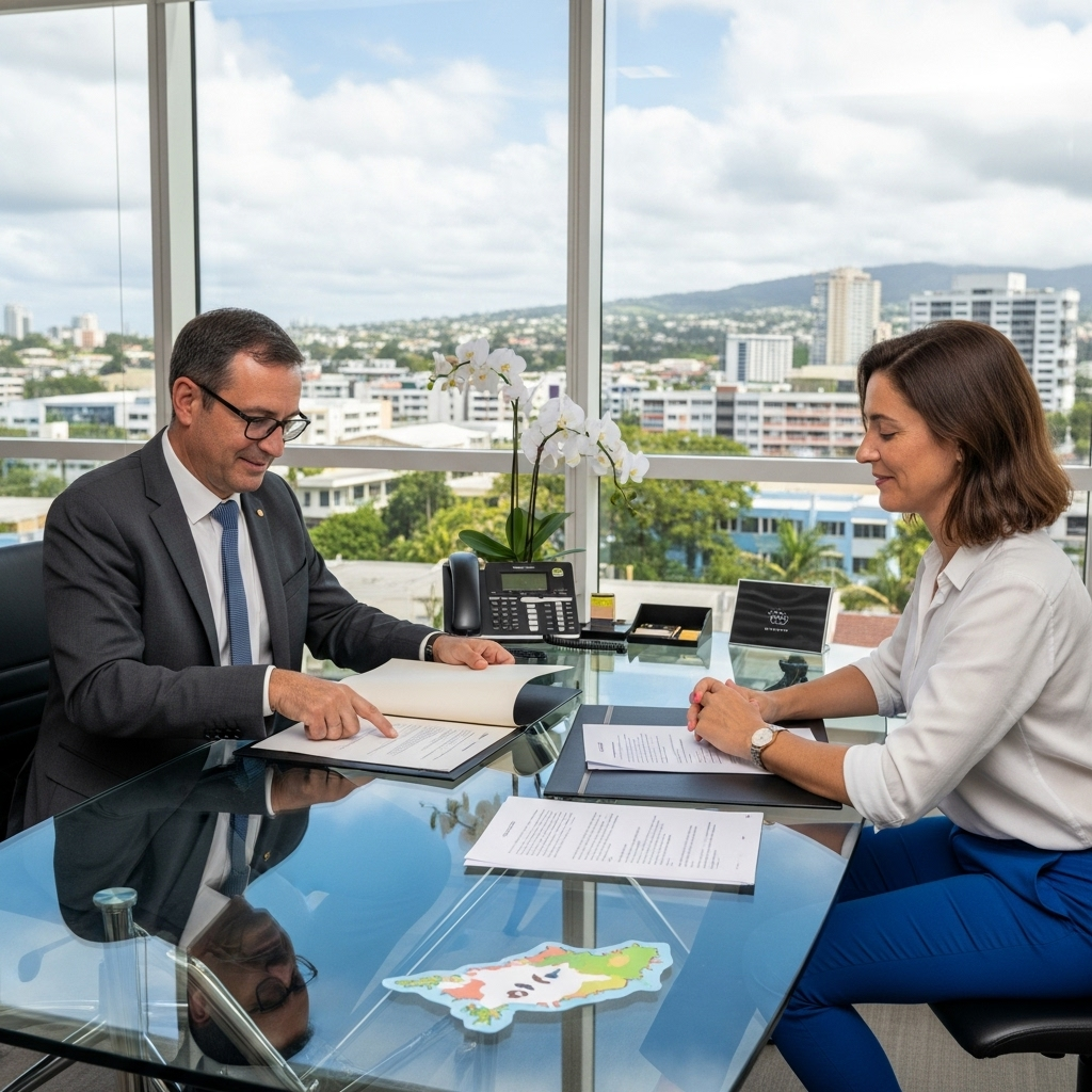 Avocate et homme d'affaires français étudiant le droit des affaires spécifique à la Nouvelle-Calédonie dans un bureau moderne.