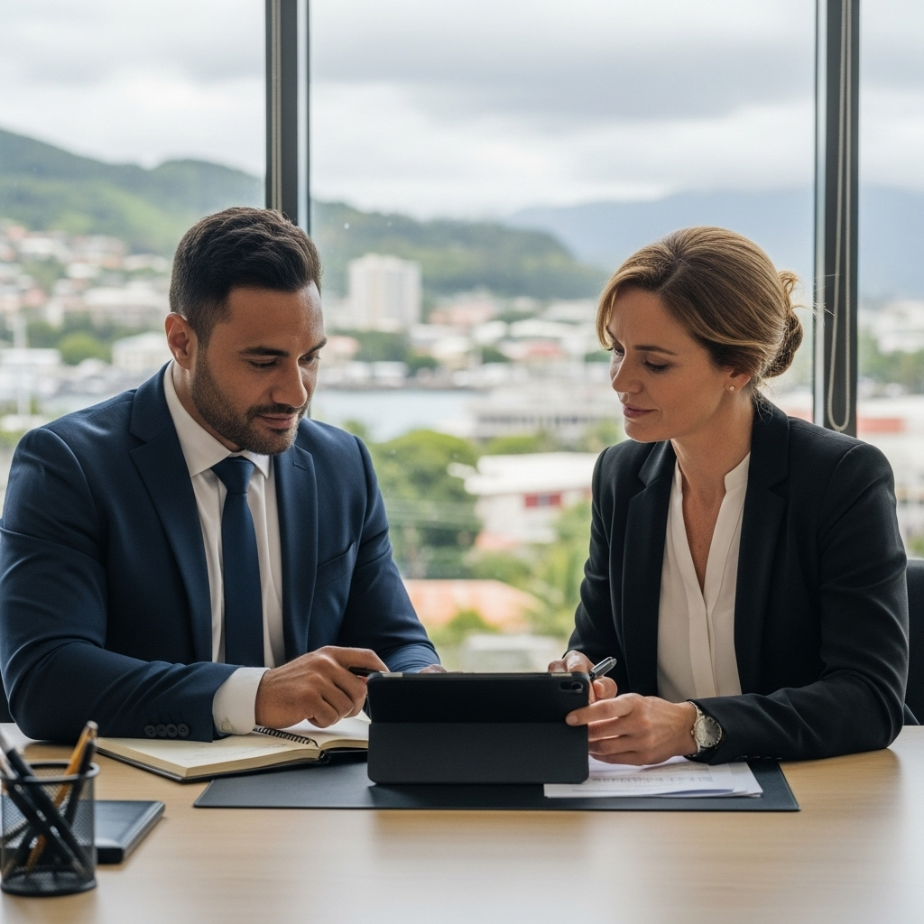 An entrepreneur and a French lawyer analyse legal documents on commercial law in French Polynesia in a modern office.