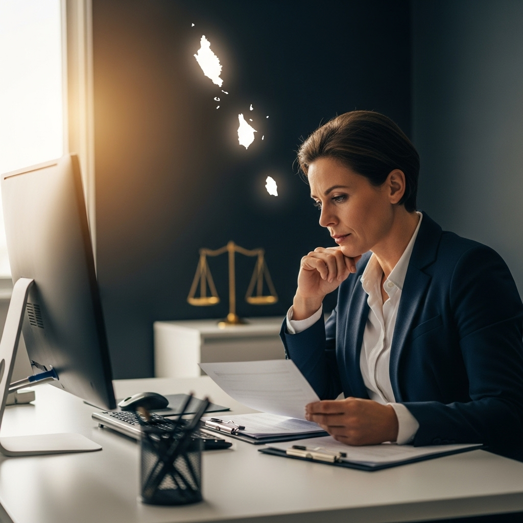 Entrepreneur français étudiant des documents sur le droit commercial à Wallis-et-Futuna dans un bureau moderne et lumineux.