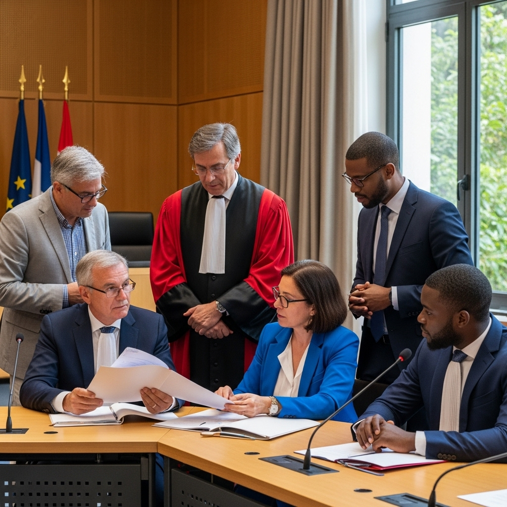 Magistrat et juges consulaires français en plein délibéré dans un Tribunal Mixte de Commerce ultramarin. Scène de justice commerciale.