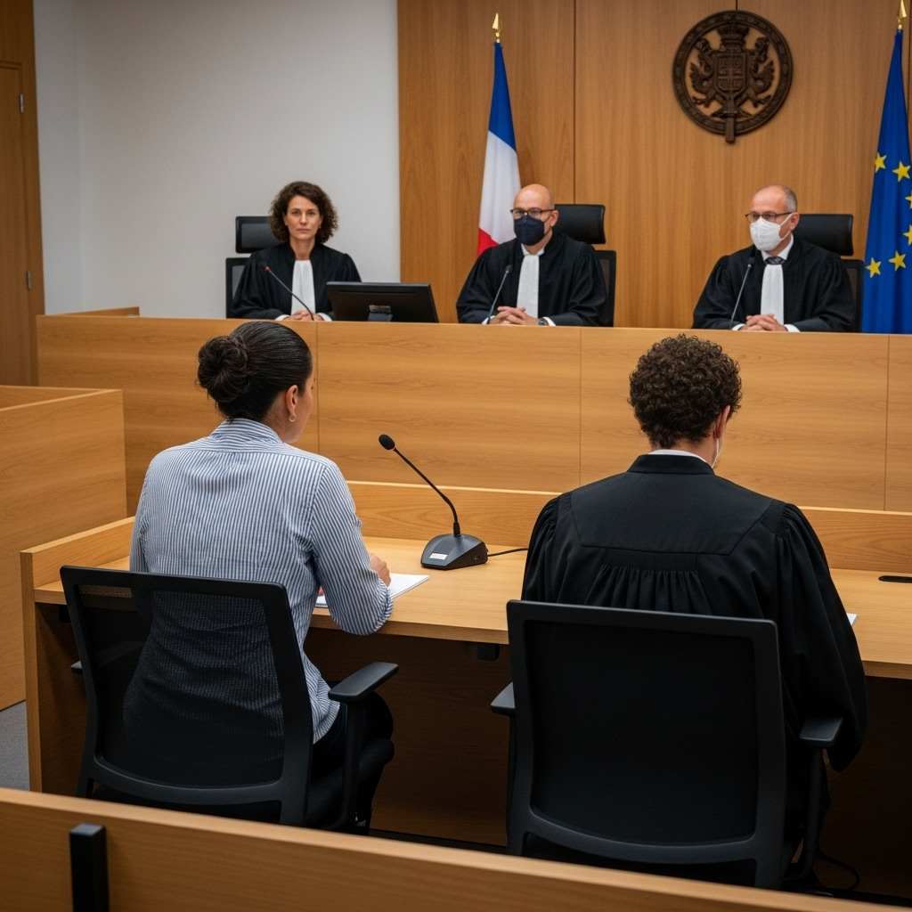 Entrepreneur et avocat devant une cour à Saint-Pierre-et-Miquelon. Illustre les spécificités de la justice commerciale locale.