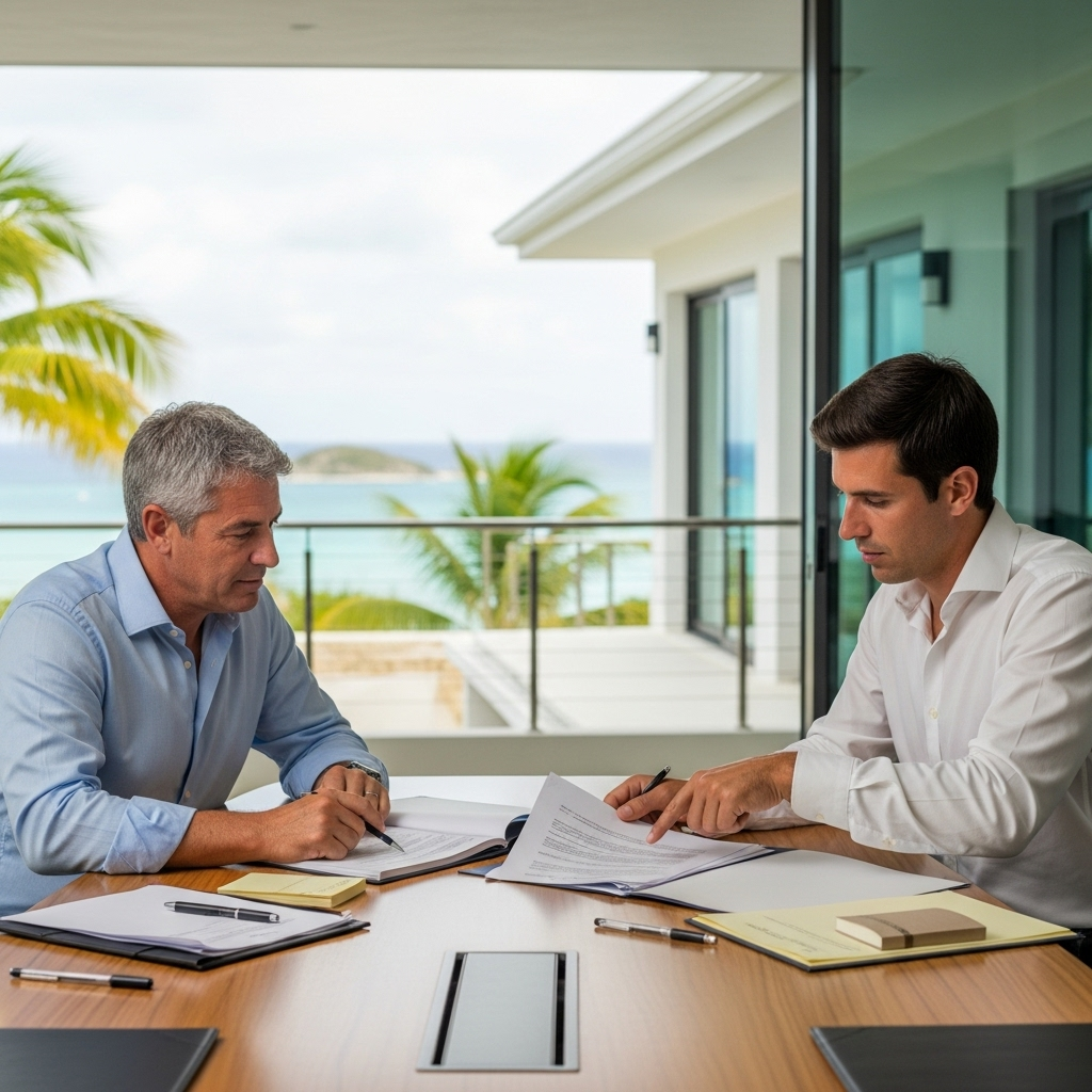 Entrepreneur with his lawyer examining legal documents on commercial law specific to Saint-Barthélemy and Saint-Martin.