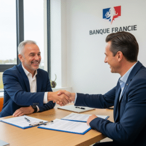 Entrepreneur français et banquier concluant un accord. Image symbolisant la sécurité des paiements et le ducroire de banque pour l'entreprise.
