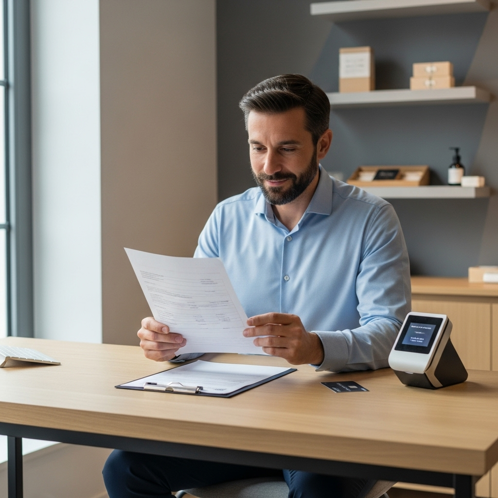 Commerçante française confiante analysant un contrat, symbolisant la garantie ducroire bancaire pour des paiements sécurisés.