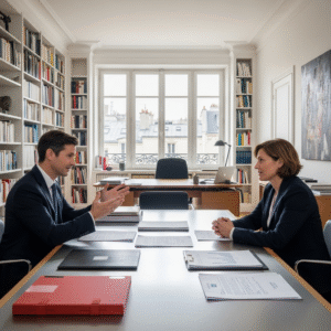 French lawyer explaining bank del credere and irrevocable documentary credit to an exporter. Legal expertise.