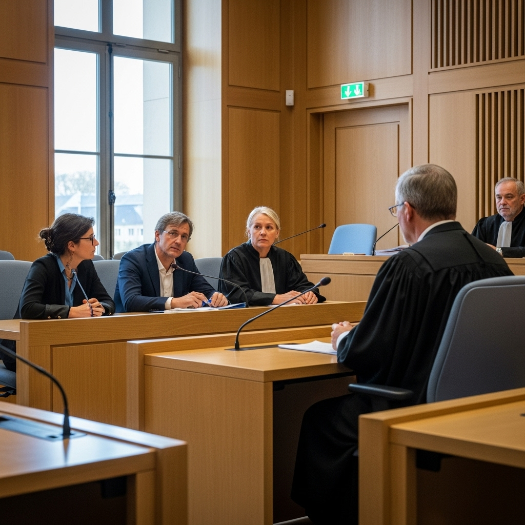 Orientation hearing in property seizure. Debtor and lawyer face the creditor before a judge in a modern French court.