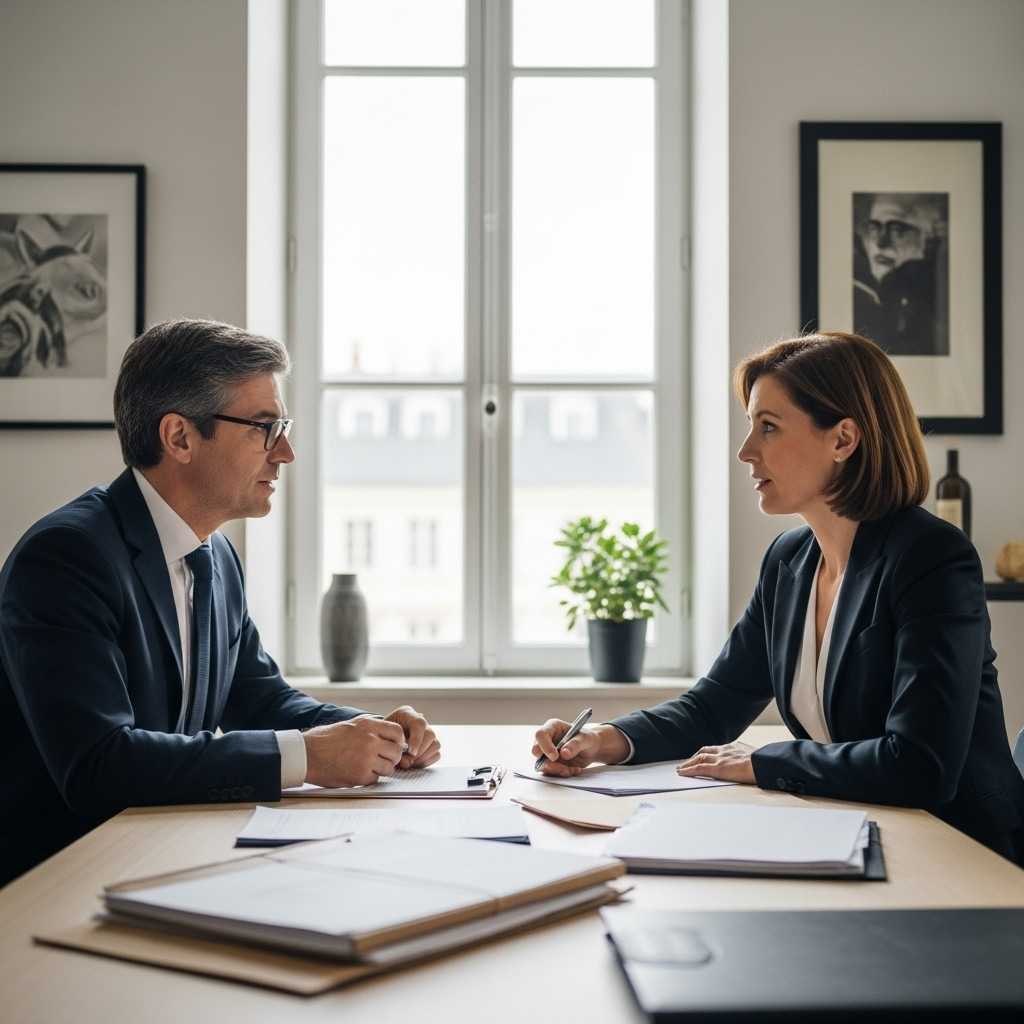 Entrepreneur français avec avocat examinant des factures impayées et une requête en injonction de payer pour recouvrement.