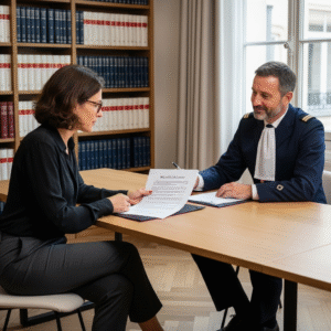 Avocat français expliquant une requête en justice à sa cliente. Scène réaliste d'un cabinet pour lancer une procédure civile.