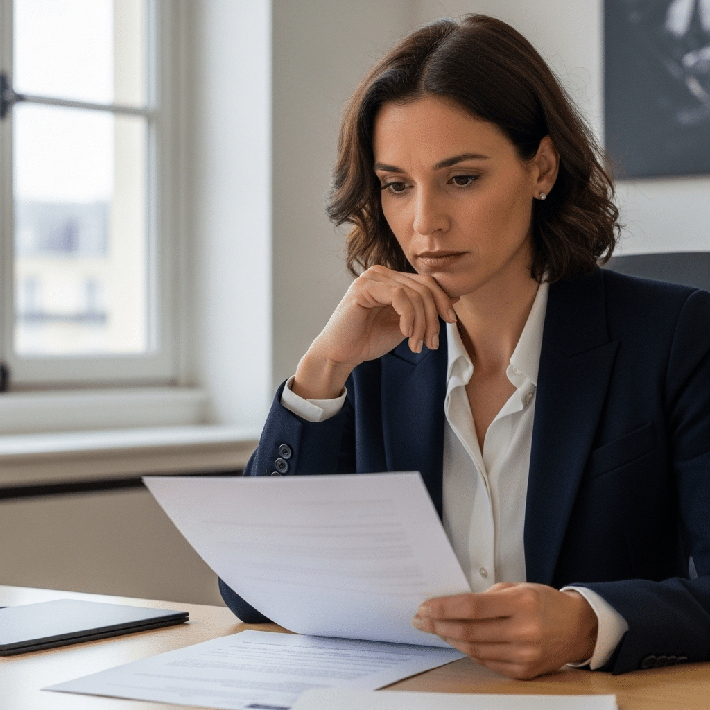 A French professional examining seizure-attribution documents. She seems concerned about the situation.