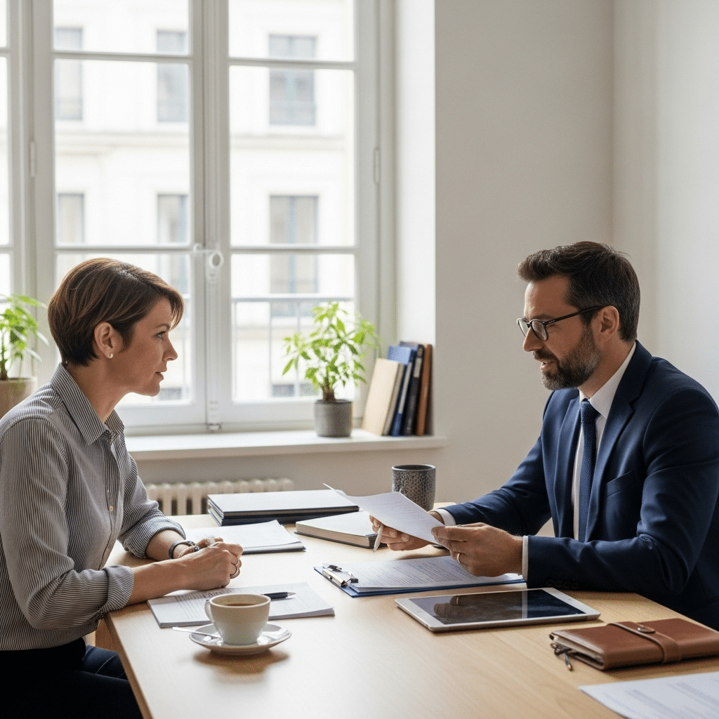 Avocat français conseillant un client sur une saisie-attribution ou le recouvrement de créances dans un bureau de cabinet moderne.