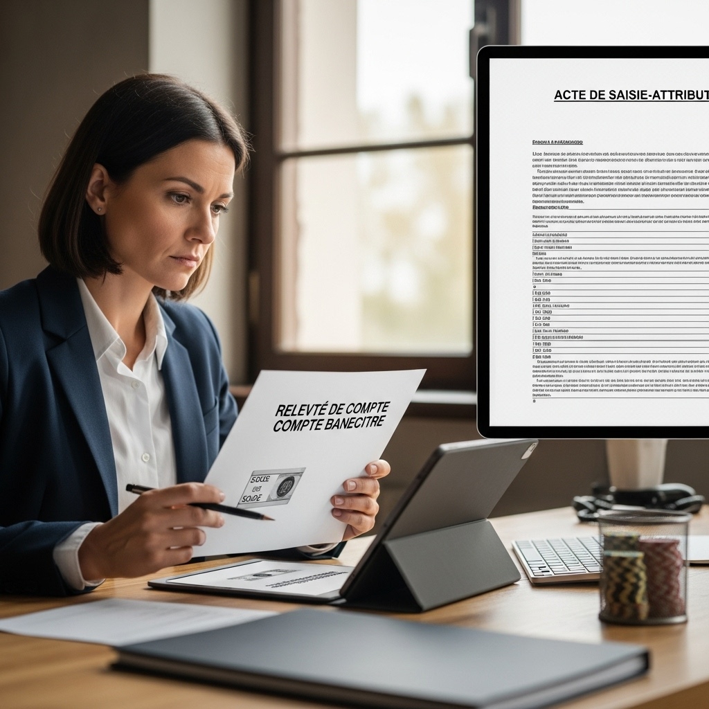 Scène française : personne devant un relevé de compte et un acte de saisie-attribution. Débat sur la nature de la monnaie scripturale.
