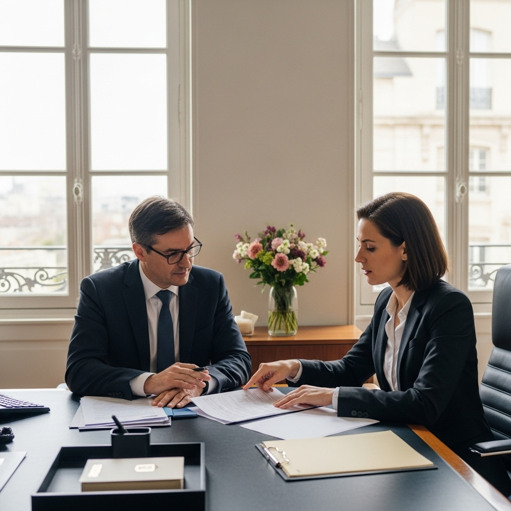Entrepreneur(e) français(e) et avocat analysant une saisie-attribution de créances successives. Optimiser le recouvrerement de dettes en France.