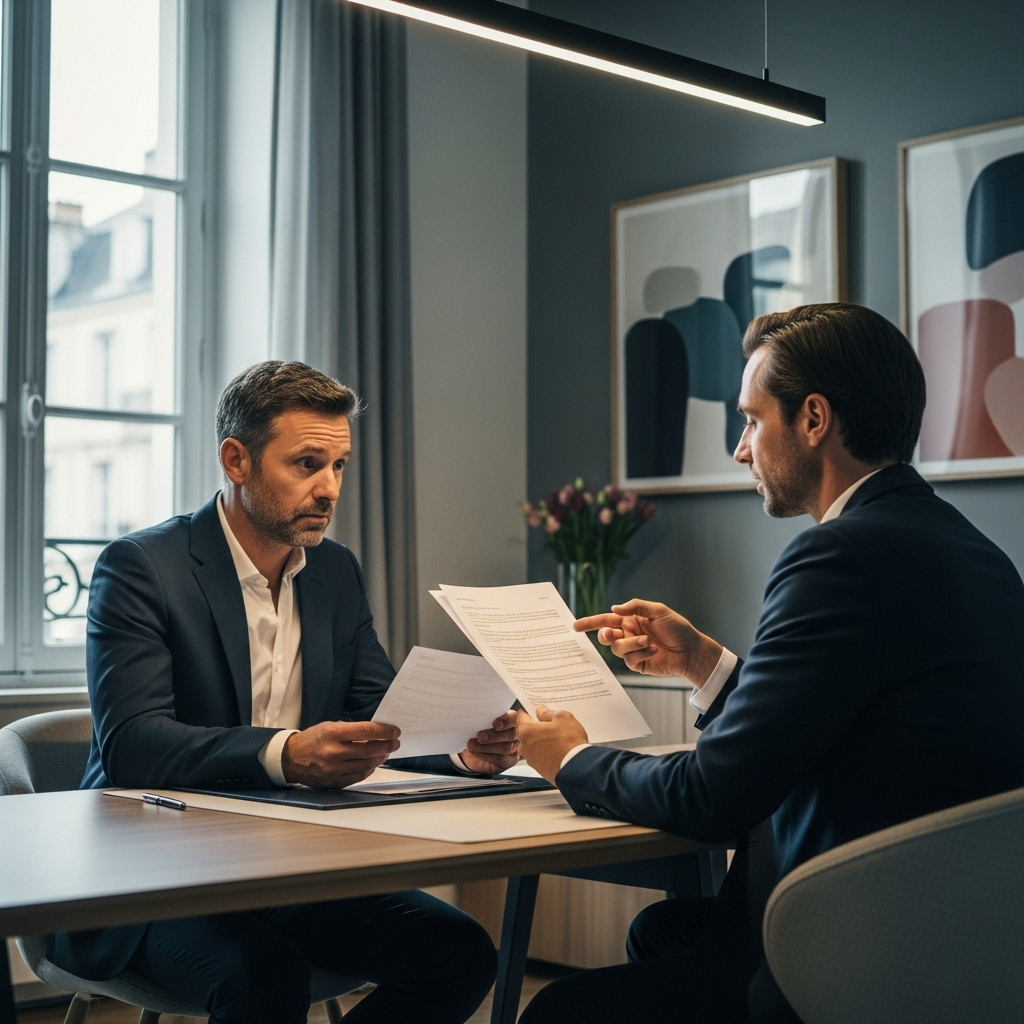 Personne en tenue professionnelle française, préoccupée par un avis de saisie-attribution ou un relevé bancaire bloqué, discutant avec un agent.