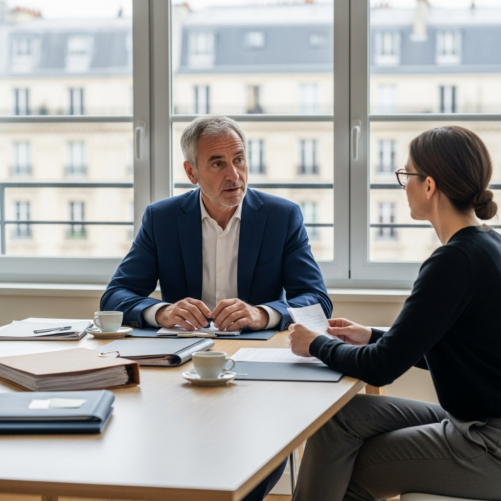 Un avocat ou banquier français explique les modalités de paiement d'une saisie-attribution à un client dans un bureau moderne.