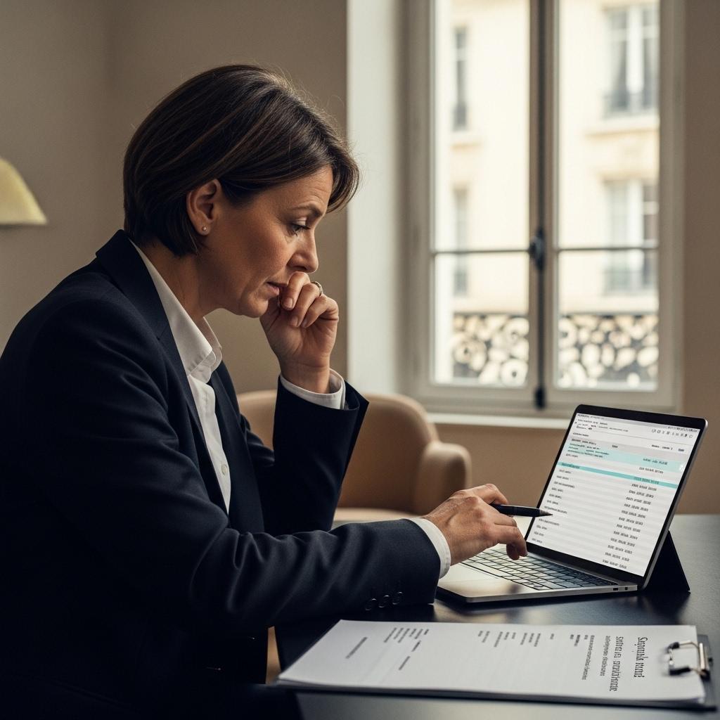 Personne consultant son compte bancaire et des documents de saisie-attribution dans un cadre français. Reflète la période de régularisation.