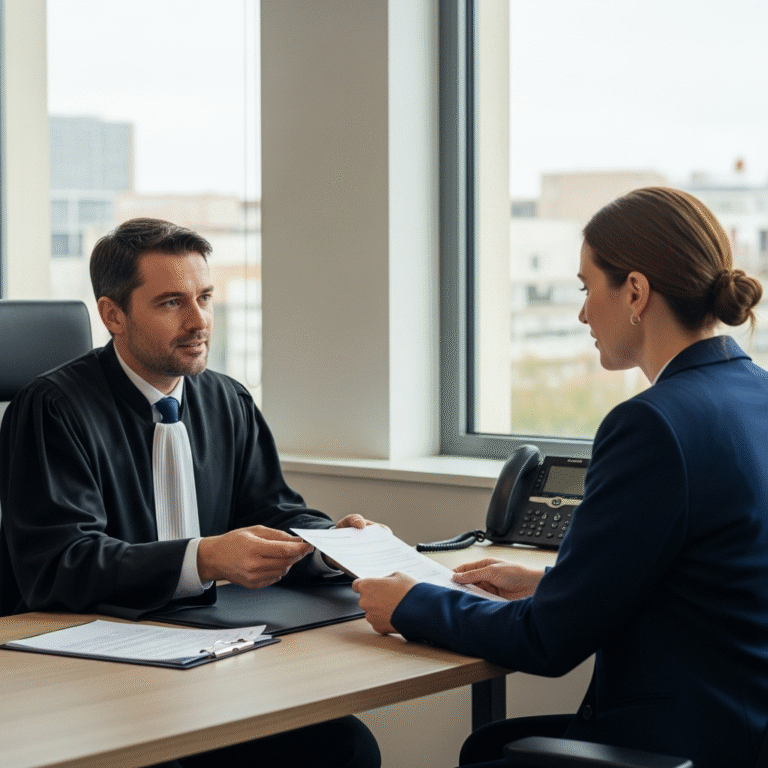 Personne recevant un acte de saisie-attribution bancaire d'un commissaire de justice. Illustre la justice française.