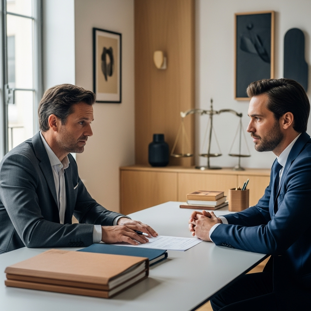 Avocat et client français discutant des enjeux de capacité et pouvoir dans une saisie-attribution, bureau moderne.