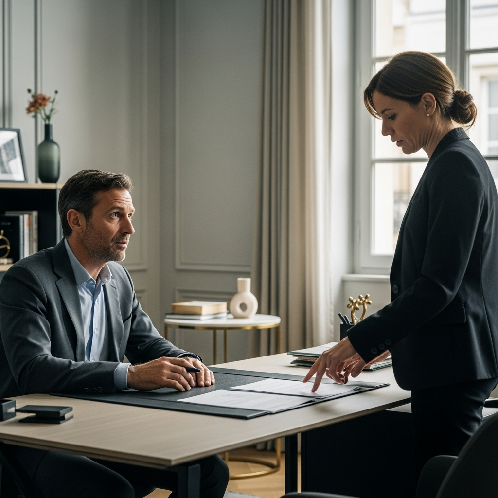 Un débiteur inquiet consulte un commissaire de justice sur une saisie-vente de biens mobiliers dans un intérieur français. Comprendre ses droits.