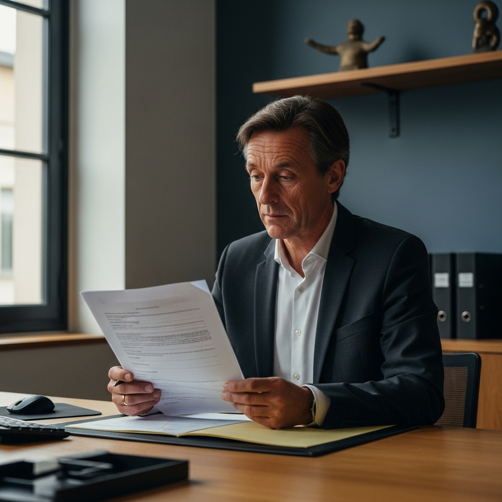 Contribuable français lisant un commandement de payer fiscal dans un bureau moderne, préoccupé par le recouvrement de créances fiscales.