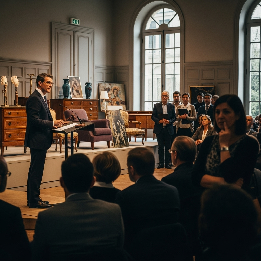 Un commissaire de justice dirige une vente forcée de biens saisis aux enchères en France. Débiteur et public observent l'adjudication.