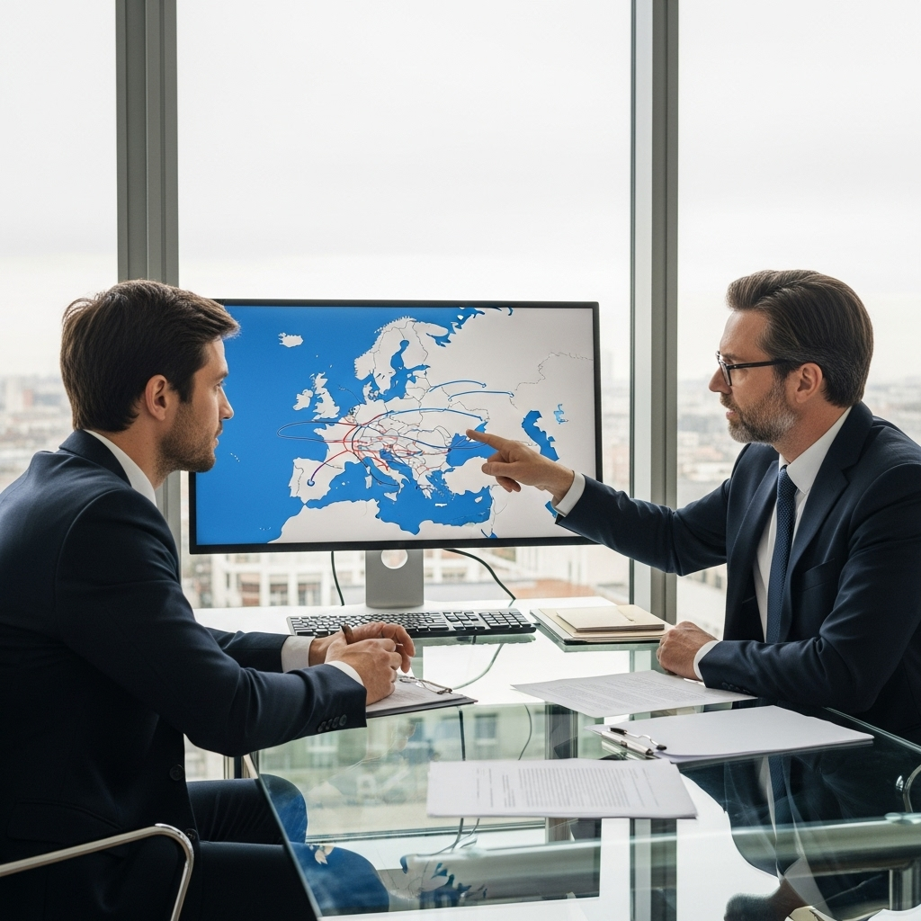 Lawyer and French client discuss a European Arrest Warrant (OESC) to secure debts in Europe.