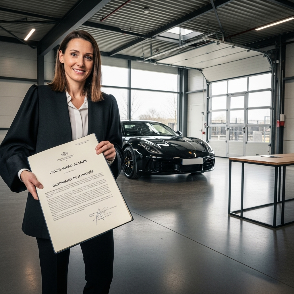 Scène de saisie-revendication : une personne observe un bien meuble sous protection légale, avec un document juridique français.