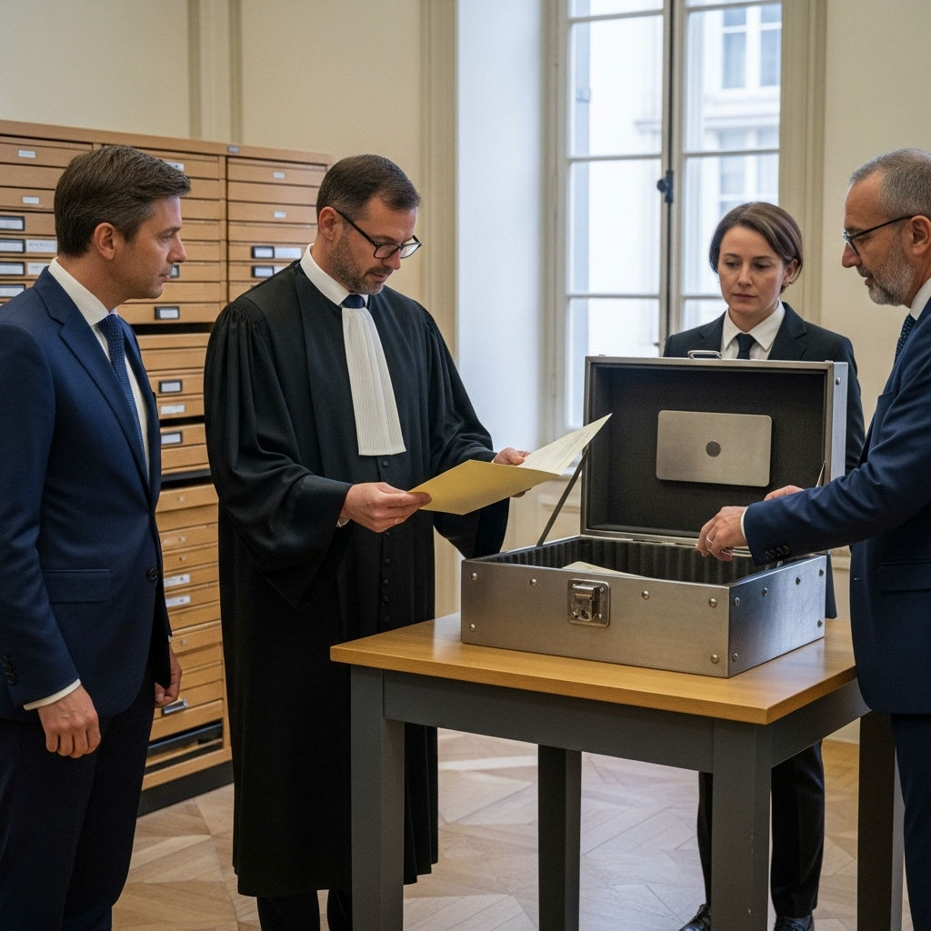 Saisie coffre-fort bancaire : huissier français, banquier et débiteur dans une salle des coffres moderne. Situation légale sérieuse.