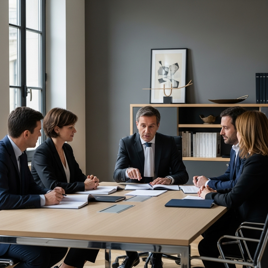 Avocat français expliquant la répartition amiable des fonds à des créanciers et débiteurs dans un bureau moderne, procédure française.