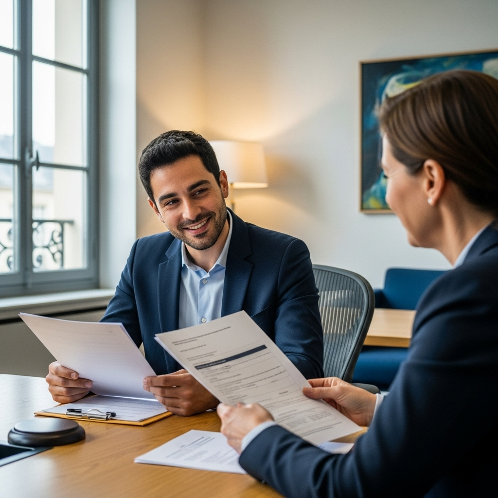 Une personne française soulagée après une consultation sur le surendettement, examinant des documents avec un conseiller juridique.