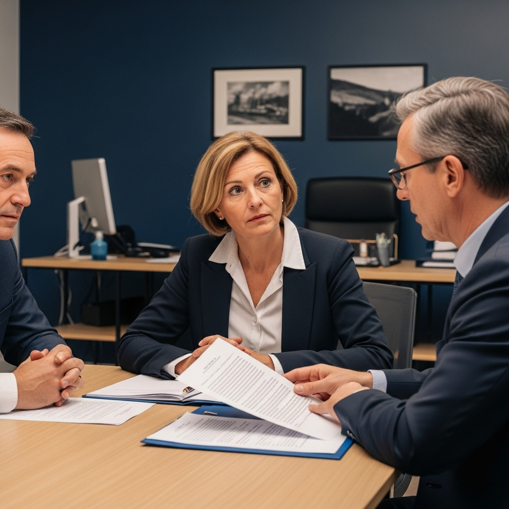 Un avocat ou Commissaire de Justice explique les procédures de saisie et de recouvrement de créance à un client dans un bureau français.