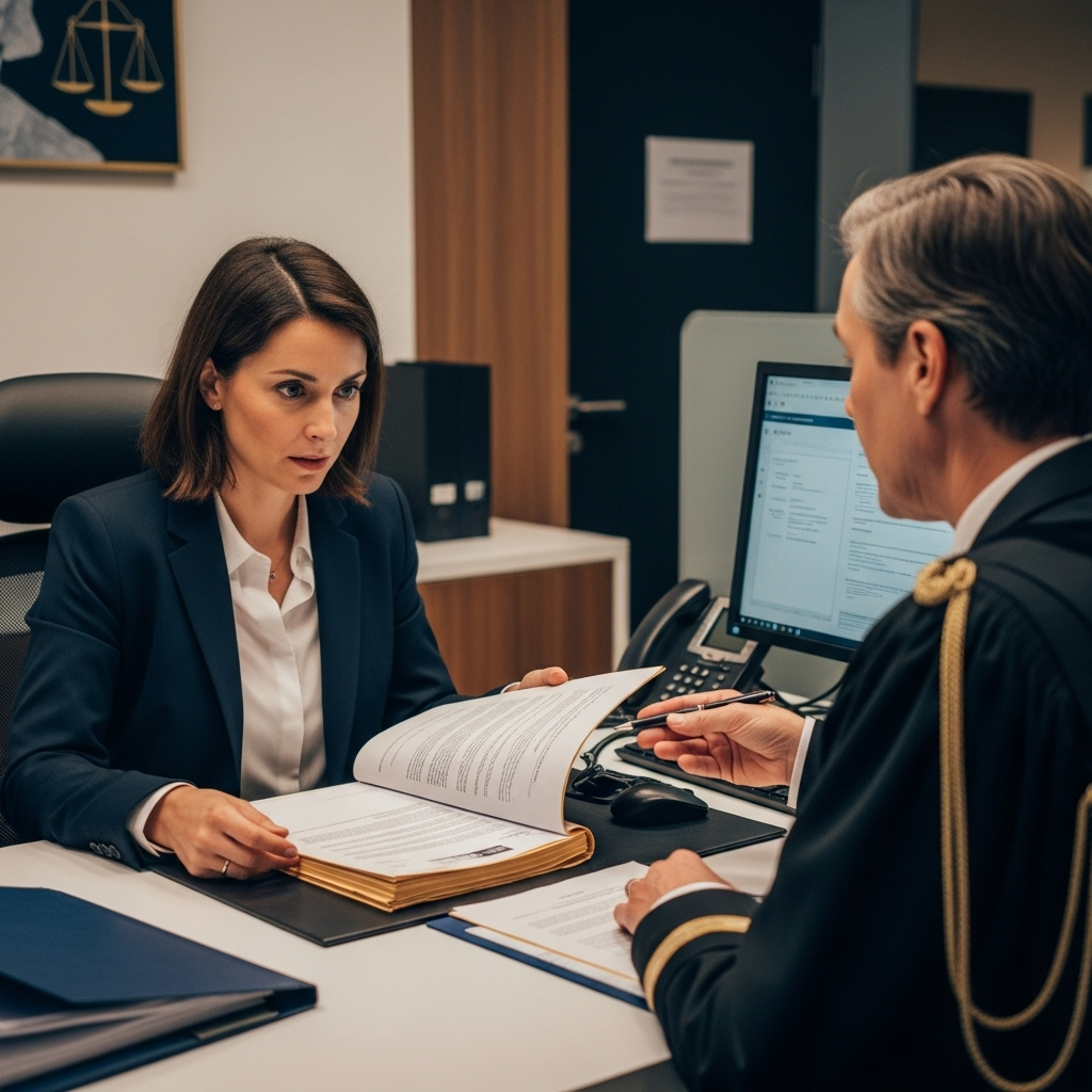 Seized third party: A French bank employee examines debt collection documents with a court commissioner in the office.