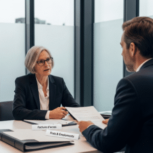 Comprenez la facturation d'un commissaire de justice : un professionnel explique les frais à un justiciable dans un bureau moderne français.