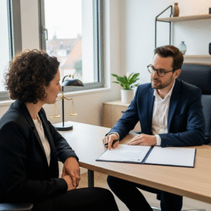 Avocat français et client consultant des documents de saisie immobilière en cabinet, discutant de stratégies de défense.